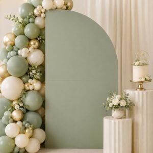 Half arch backdrop panel in natural plywood finish styled for a Melbourne wedding