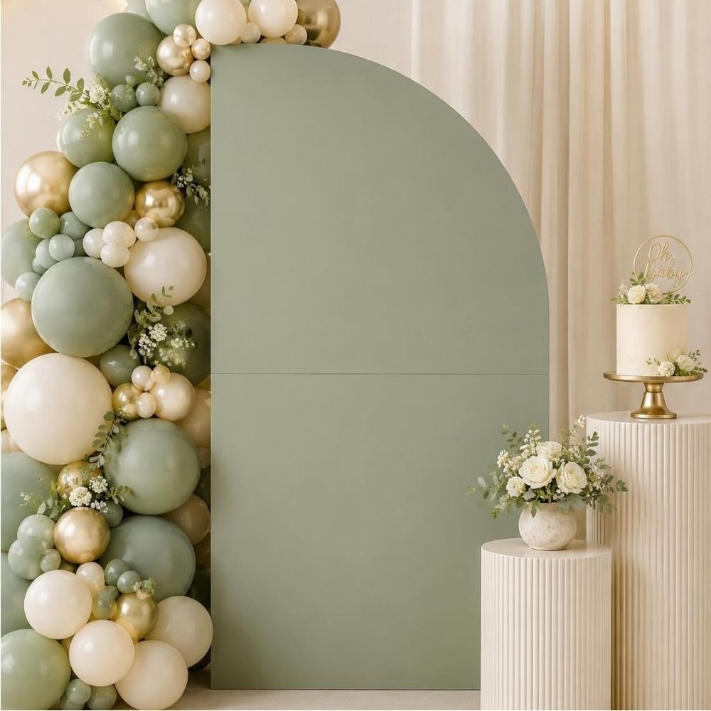 Untitled design - 2026-08-26T105101.481 Half arch backdrop panel in natural plywood finish styled for a Melbourne wedding